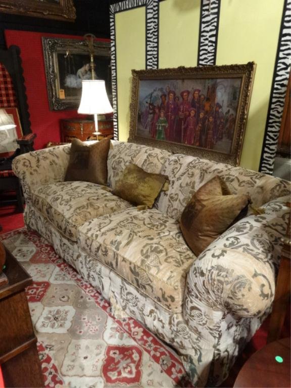 OPULENT DESIGNER SOFA, HAND STENCILED CRUSHED VELVET,: OPULENT DESIGNER SOFA, HAND STENCILED CRUSHED VELVET, FROM THE DESIGN CENTER OF THE AMERICAS, ROLL ARMS, LINED SKIRTED BASE, DOWN FILLED CUSHIONS, LABELED CAMERON COLLECTION, IMMACULATE CONDITION, SKU