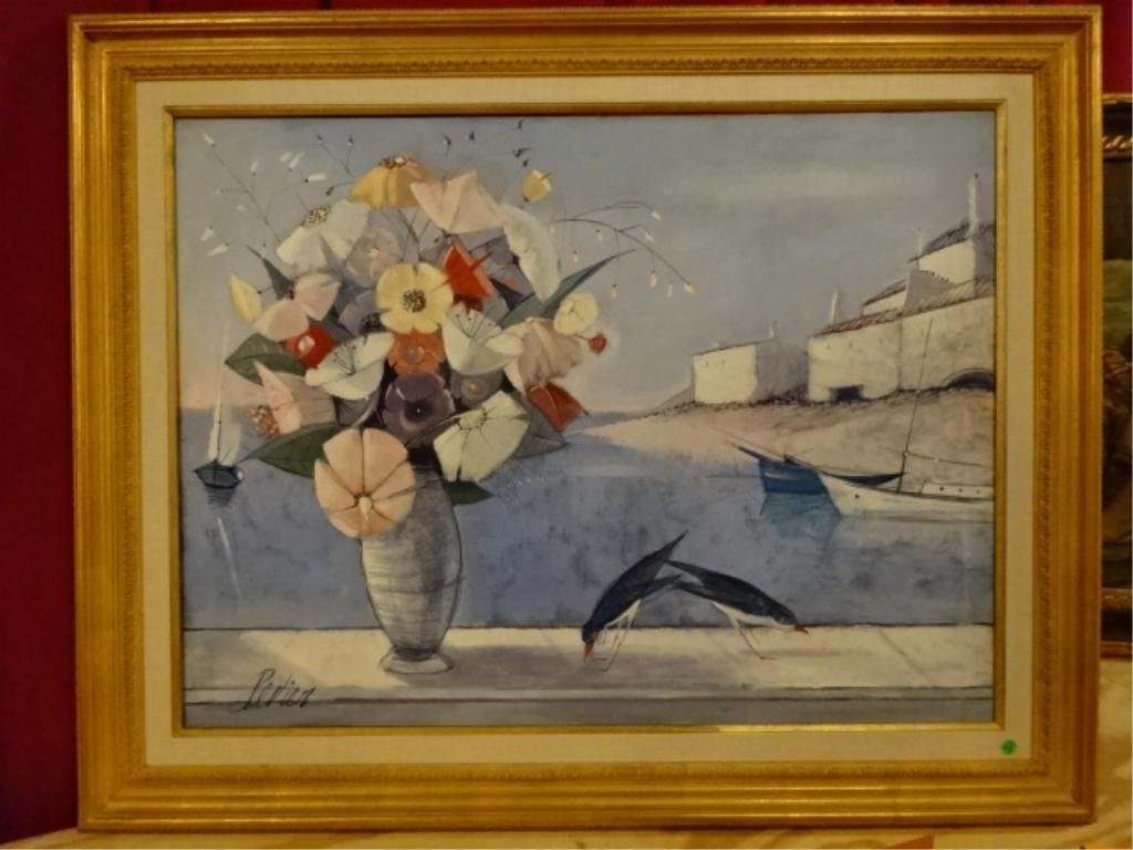 CHARLES LEVIER (1920-2003) OIL ON CANVAS, "VASE OF: CHARLES LEVIER (1920-2003) OIL ON CANVAS, "VASE OF FLOWERS ON WINDOW", SIGNED LOWER RIGHT, IMAGE SIZE 40" X 30". FRAMED SZE 39" X 49", SKU7496.19