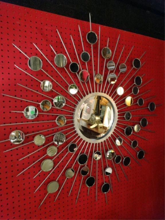 MODERN SUNBURST MIRROR, SILVER FINISH METAL FRAME,: MODERN SUNBURST MIRROR, SILVER FINISH METAL FRAME, MULTIPLE ROUND MIRRORS, NEW NOT USED, FROM A DCOTA DESIGN SHOWROOM, APPROX 32"DIAMETER