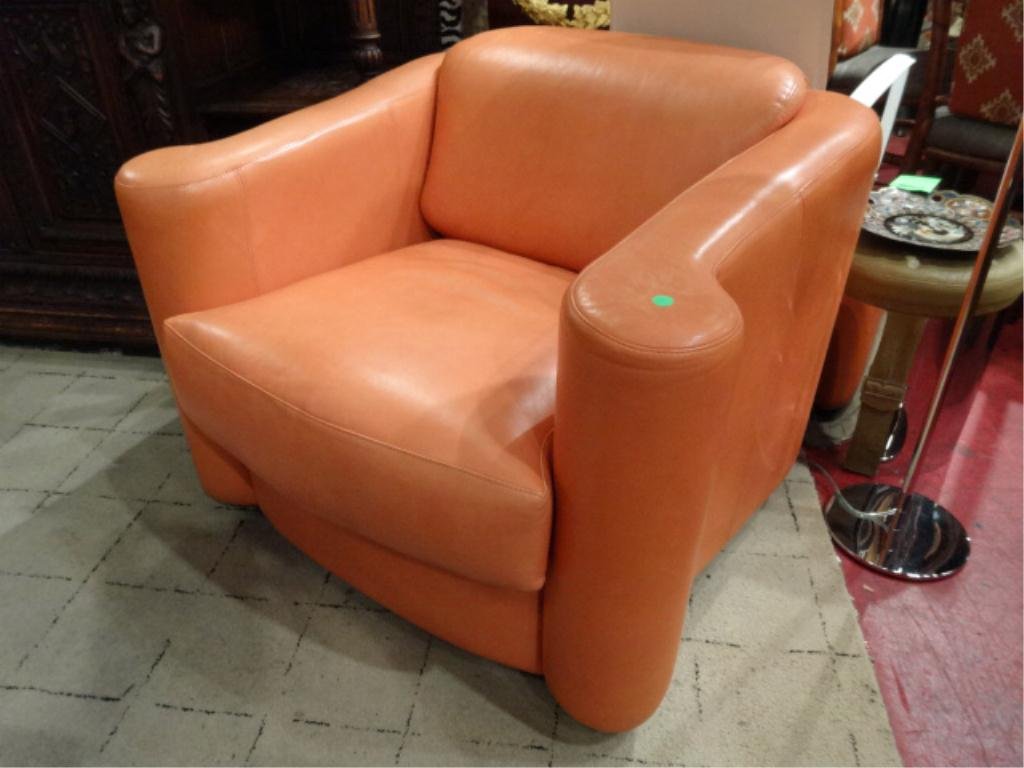 MODERN LEATHER SWIVEL ARMCHAIR, NEW NOT USED, FROM: MODERN LEATHER SWIVEL ARMCHAIR, NEW NOT USED, FROM DCOTA DESIGN SHOWROOM, PERSIMMON COLOR LEATHER BY ELMO LEATHER