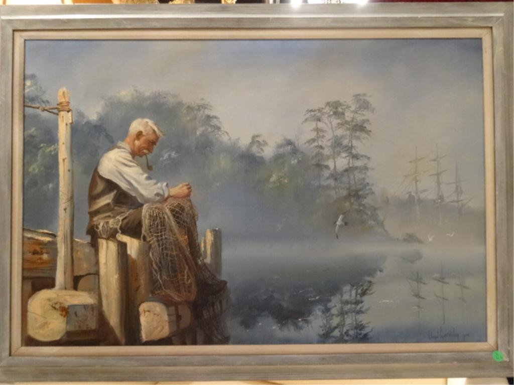 LLOYD GARRISON SIGNED OIL ON CANVAS, MAN BY THE SEA,: LLOYD GARRISON SIGNED OIL ON CANVAS, MAN BY THE SEA, SIGNED AND DATED LOWER RIGHT, 30" X 41.5" FRAMED, SKU479.3
