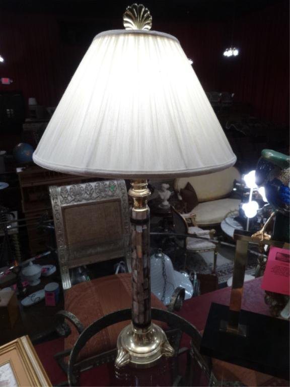 ABALONE SHELL TILE LAMP, BRASS BASE AND FINIAL, APPROX: ABALONE SHELL TILE LAMP, BRASS BASE AND FINIAL, APPROX 205"H, SKU441.31