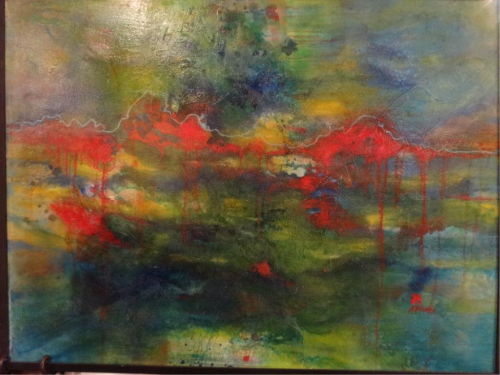 LARGE ABSTRACT EXPRESSIONIST PAINTING ON CANVAS, GREEN,: LARGE ABSTRACT EXPRESSIONIST PAINTING ON CANVAS, GREEN, RED, AND BLUE, IN BLACK FRAME, SIGNED M. VALIENTE LOWER RIGHT, 37" X 49.5" FRAMED