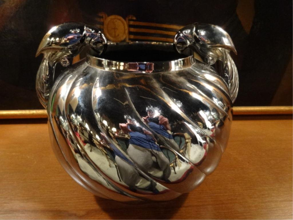 HEAVY CHROME CENTERPIECE VASE, 2 PARROTS PERCHED ON: HEAVY CHROME CENTERPIECE VASE, 2 PARROTS PERCHED ON SWIRL DESIGN BOWL, APPROX 11"W