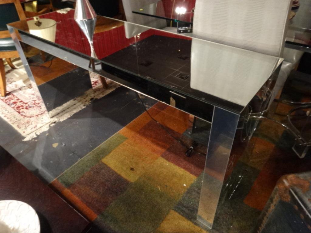 MODERN MIRRORED CONSOLE TABLE, LEAF DESIGNS ON ENDS,: MODERN MIRRORED CONSOLE TABLE, LEAF DESIGNS ON ENDS, GOOD SOLID CONDITION WITH SOME CHIPS AND CRACKS ON SOME SMALLER PANELS, APPROX 5'L X 30"H, SKU101
