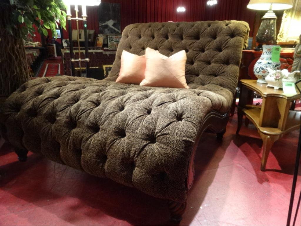 DUAL CHAISE, TUFTED CHEETAH UPHOLSTERY, DARK FINISH: DUAL CHAISE, TUFTED CHEETAH UPHOLSTERY, DARK FINISH WOOD FRAME, EXCELLENT CONDITION, SKU522