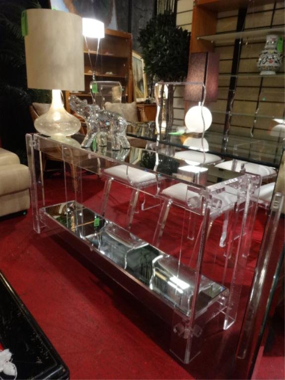 1970's LUCITE CONSOLE TABLE, DUAL TIER, MIRROR GLASS: 1970's LUCITE CONSOLE TABLE, DUAL TIER, MIRROR GLASS TOPS ON EACH TIER, APPROX 5'W X 30"H X 15"D