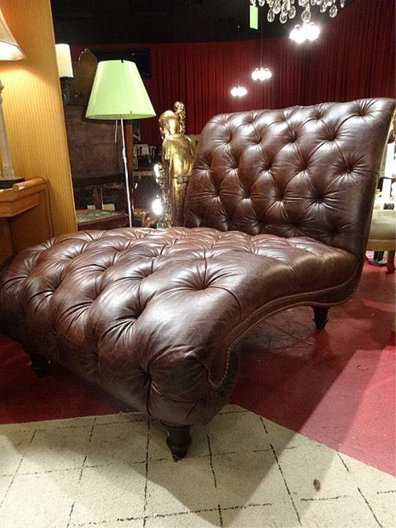 CHESTERFIELD TUFTED LEATHER DOUBLE CHAISE BY OLD: CHESTERFIELD TUFTED LEATHER DOUBLE CHAISE BY OLD HICKORY TANNER, ROLLED HEAD AND FOOT, NAILHEAD TRIM, EXCELLENT CONDITION, 47"H X 55"W X 74"D, SKU499.23