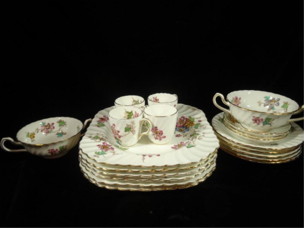 21 PC MINTON CHINA, INCLUDES 6 SQUARE PLATES APPROX: 21 PC MINTON CHINA, INCLUDES 6 SQUARE PLATES APPROX 8.5", 5 LARGE SAUCERS, 2 CREAM SOUPS, 4 SMALL SAUCERS & 4 DEMITASSE CUPS, SKU531