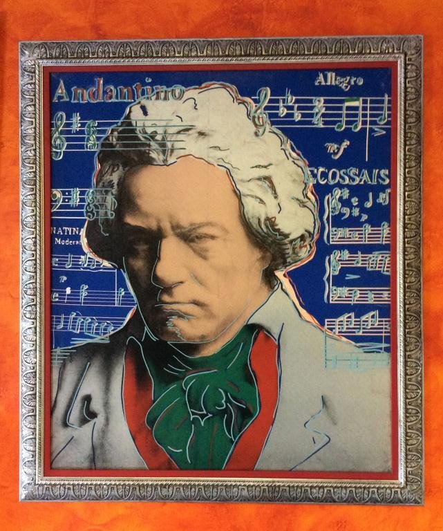 STEVE ALAN KAUFMAN (1962-2010), "BEETHOVEN". ORIGINAL: STEVE ALAN KAUFMAN (1962-2010), "BEETHOVEN". ORIGINAL PAINTING OVER SILKSCREEN, APPROX 41X38" FRAMED
