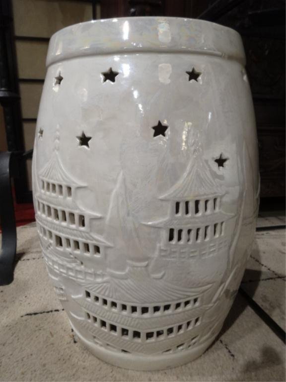 ASIAN STYLE CERAMIC GARDEN STOOL, OPENWORK DESIGN WITH: ASIAN STYLE CERAMIC GARDEN STOOL, OPENWORK DESIGN WITH PAGODAS, APPROX 16"H