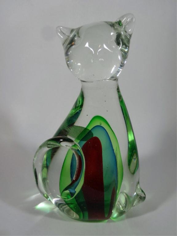 MURANO STYLE ART GLASS CAT, CLEAR, GREEN, BLUE & RED,: MURANO STYLE ART GLASS CAT, CLEAR, GREEN, BLUE & RED, APPROX 7.75"H, SKU539