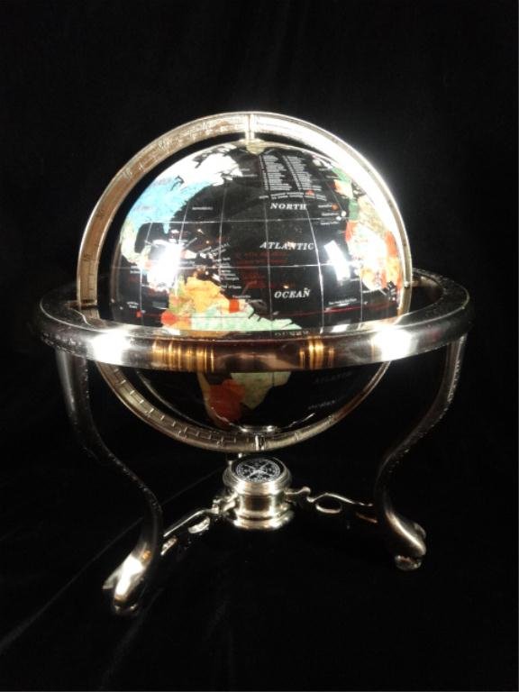 SEMI PRECIOUS STONE GLOBE ON SILVER METAL STAND, WITH: SEMI PRECIOUS STONE GLOBE ON SILVER METAL STAND, WITH COMPASS IN BASE, APPROX 14" X 12", SKU101
