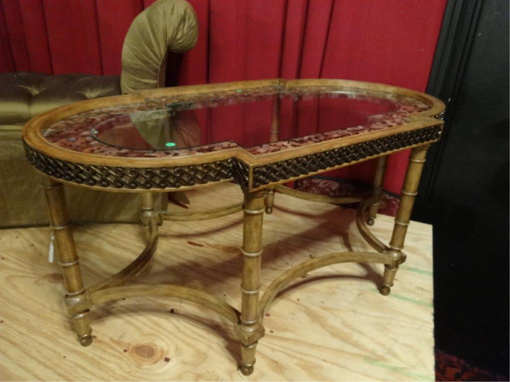 MAITLAND SMITH COFFEE TABLE, MOTHER OF PEARL TILED: MAITLAND SMITH COFFEE TABLE, MOTHER OF PEARL TILED EDGE, FAUX BAMBOO FRAME, APPROX 4'W