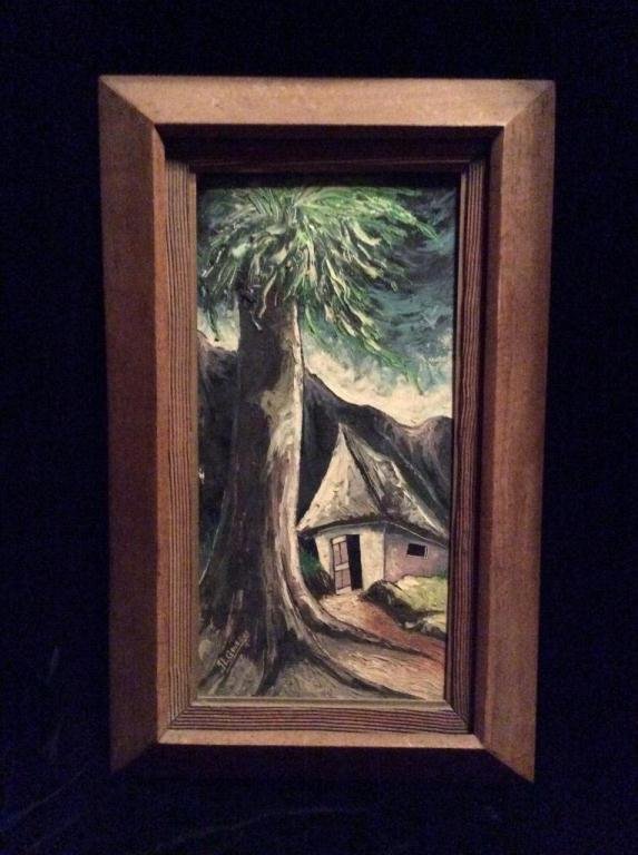 JACQUES ENGUERRAND GOURGUE (HAITIAN, 1930-1996) OIL: JACQUES ENGUERRAND GOURGUE (HAITIAN, 1930-1996) OIL PAINTING ON MASONITE, "VILLAGE SCENE", SIGNED LOWER LEFT, APPROX 8.5" X 16.5" IMAGE SIZE, APPROX 13" X 21" FRAMED, SKU7520.02