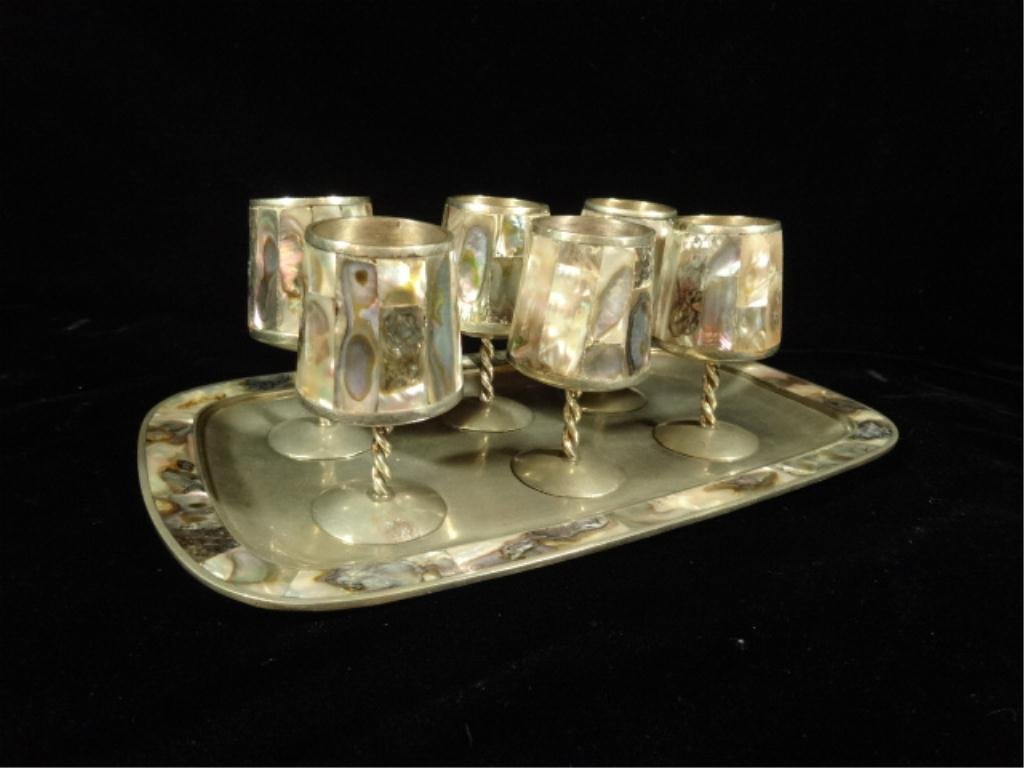 VINTAGE ABALONE SHELL CORDIAL GLASSES, WITH TRAY,: VINTAGE ABALONE SHELL CORDIAL GLASSES, WITH TRAY, GLASSES MEASURE 2.5", TRAY 8.25"W X 5"D, SKU9000