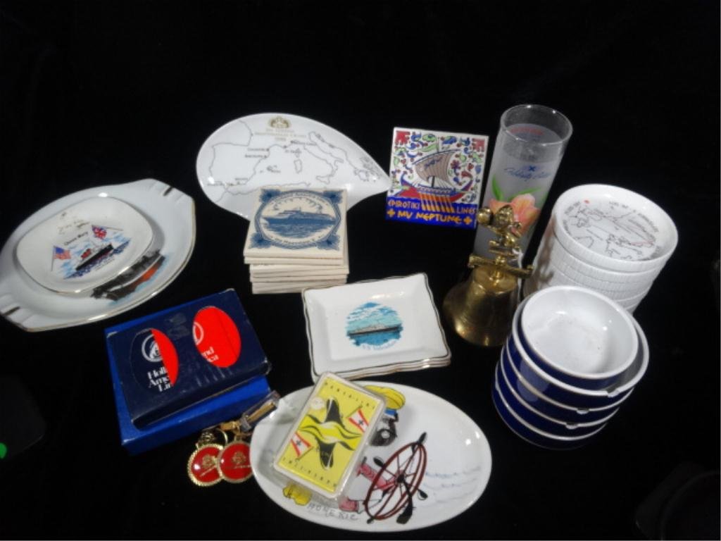 GROUP OF OCEAN LINER COLLECTIBLES, INCLUDES COASTERS,: GROUP OF OCEAN LINER COLLECTIBLES, INCLUDES COASTERS, ASHTRAYS, CARDS & MORE; ITEMS FROM HOLLAND AMERICA LINE, EPIROTIKI LINES, CELEBRITY, QUEEN MARY, SEA GODDESS & SS HOMERIC, SKUAS