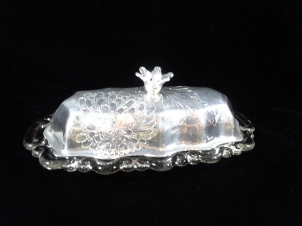 VINTAGE GLASS BUTTER DISH, ALUMINUM LID WITH ETCHED