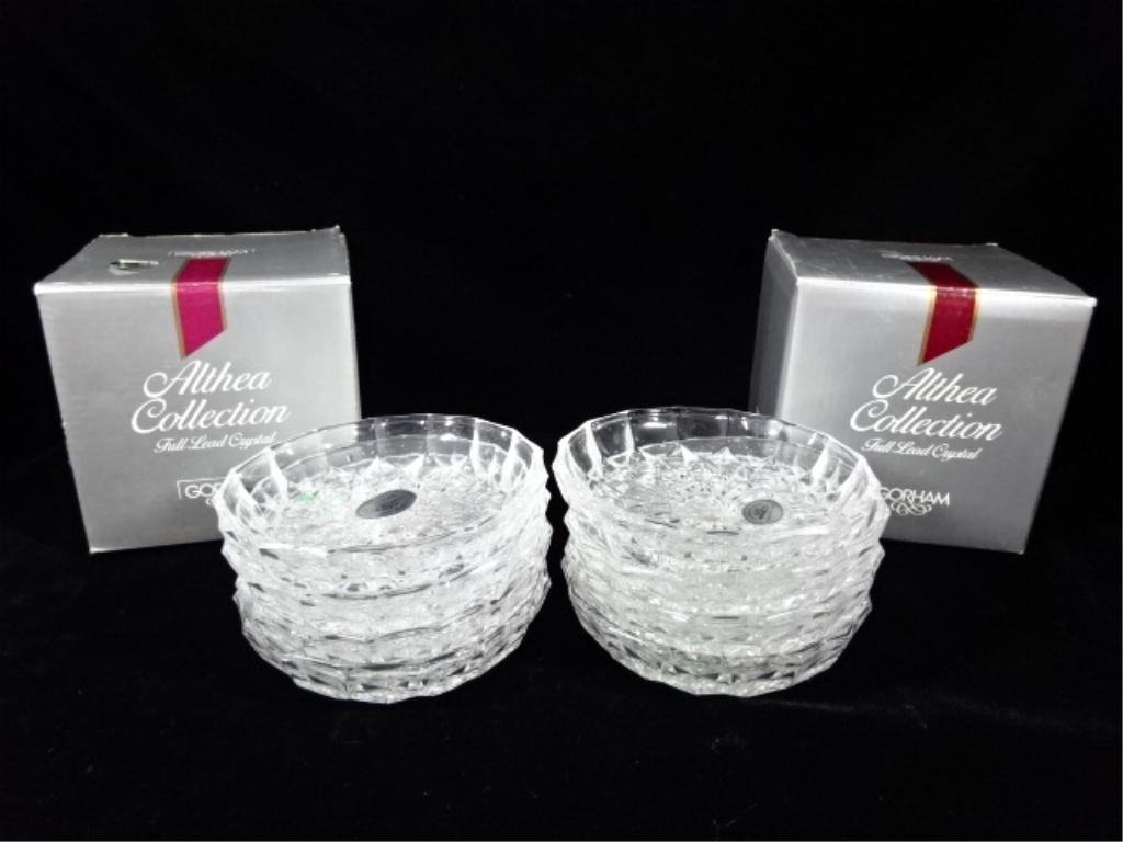 8 GORHAM CRYSTAL COASTERS, APPROX 4" DIAMETER, WITH 2: 8 GORHAM CRYSTAL COASTERS, APPROX 4" DIAMETER, WITH 2 ORIGINAL BOXES, SKU482.68