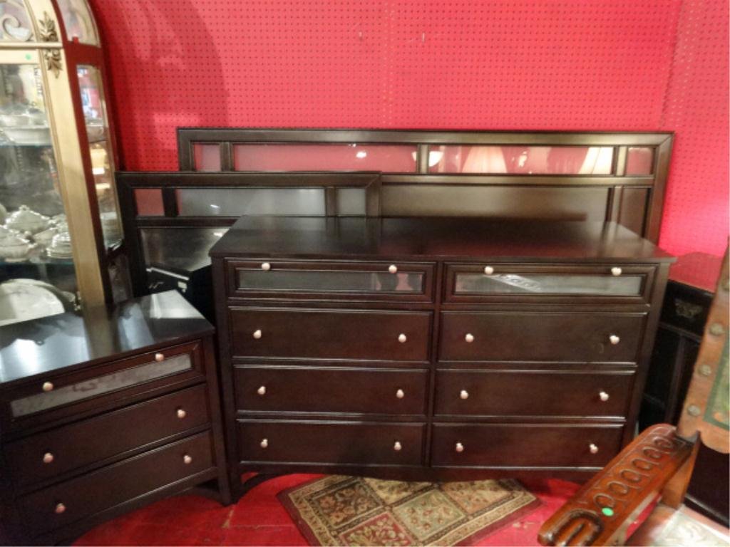 CONTEMPORARY QUEEN BEDROOM SET, DARK FINISH, INCLUDES: CONTEMPORARY QUEEN BEDROOM SET, DARK FINISH, INCLUDES HEADBOARD WITH GLASS ACCENTS, FOOTBOARD, RAILS, SLATS, TWO NIGHTSTANDS, DRESSER