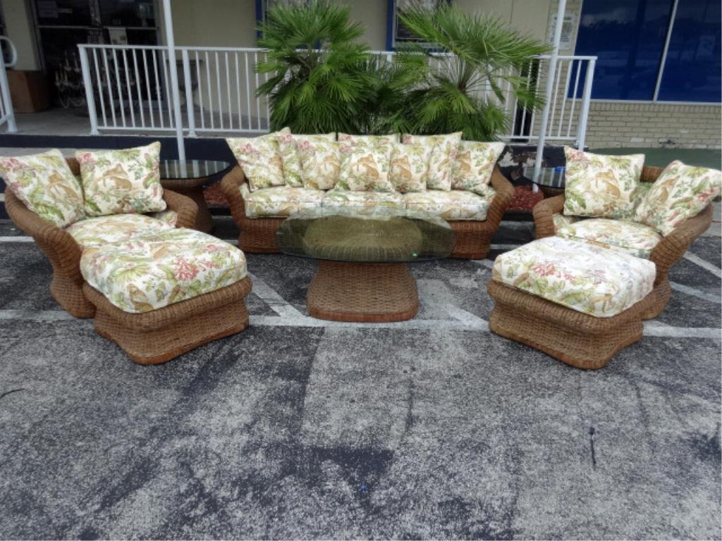 8 PC RATTAN PATIO SET, INCLUDES SOFA, 2 ARMCHAIRS, 2 OT: 8 PC RATTAN PATIO SET, INCLUDES SOFA, 2 ARMCHAIRS, 2 OTTOMANS, 1 OTTOMAN WITH GLASS TOP/COFFEE TABLE, 2 GLASS TOP SIDE TABLES, TROPICAL MOTIF UPHOLSTERY, VERY GOOD CONDITION