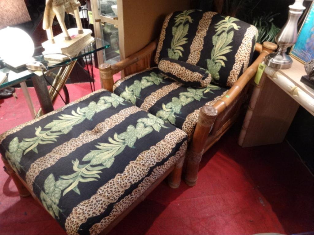 BAMBOO, AND RATTAN CHAIR AND OTTOMAN, LEATHER WEAVE,: BAMBOO, AND RATTAN CHAIR AND OTTOMAN, LEATHER WEAVE, TROPICAL MOTIF PALM UPHOLSTERY, EXCELLENT CONDITION, SKU9000