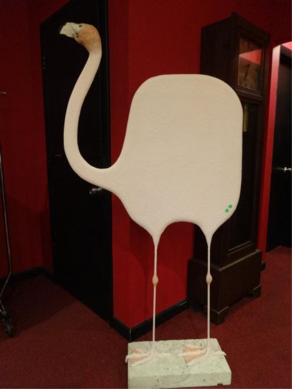 HUGE TODD WARNER PINK FLAMINGO SCULPTURE, ON CORAL: HUGE TODD WARNER PINK FLAMINGO SCULPTURE, ON CORAL BASE, SIGNED ON LOWER RIGHT, APPROX 6'H, SKU545