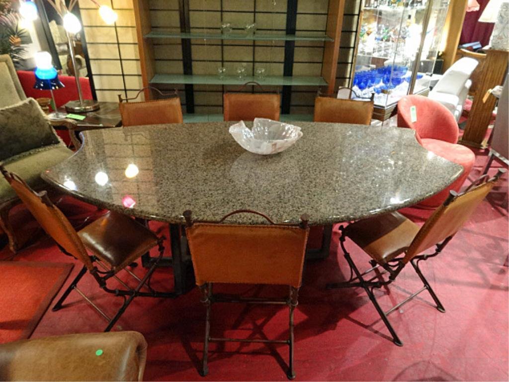 GRANITE TOP DINING TABLE, ASYMMETRICAL SHIELD SHAPE,: GRANITE TOP DINING TABLE, ASYMMETRICAL SHIELD SHAPE, WITH METAL BASE AND 6 LEATHER AND METAL CHAIRS, EXCELLENT CONDITION, APPROX 7'W X 4'D, PAIR OF MATCHING BARSTOOLS SOLD SEPARATELY, SKU9000