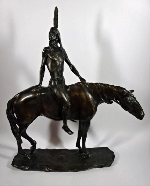 C.H. HUMPHRISS BRONZE SCULPTURE "THE WARRIOR" ON: C.H. HUMPHRISS BRONZE SCULPTURE "THE WARRIOR" ON HORSEBACK. INSCRIBED C.H. HUMPRISS 1904, FOUNDRY MARK ON BOTTOM, APPROX 15"H, SKU7496