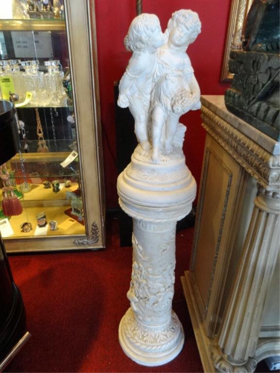 PLASTER SCULPTURE ON PEDESTAL, BOY AND GIRL, APPROX: PLASTER SCULPTURE ON PEDESTAL, BOY AND GIRL, APPROX 5.5'H