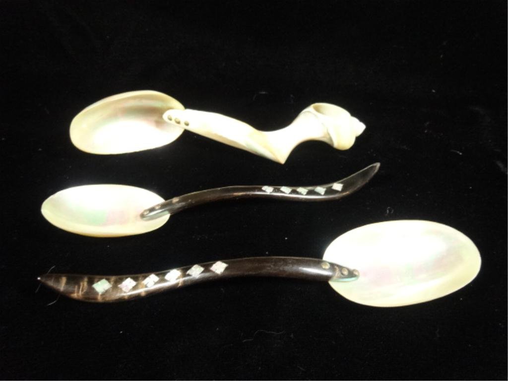 3 PC SET ABALONE CARVED SPOONS, 6", SKU9000: 3 PC SET ABALONE CARVED SPOONS, 6", SKU9000