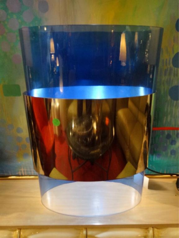 FOSCARINI MURANO LAMP, LENIN TAVOLO DESIGNER, BLUE: FOSCARINI MURANO LAMP, LENIN TAVOLO DESIGNER, BLUE GLASS AND CHROME OVAL, FROM A DCOTA DESIGN SHOWROOM, 19.5"H, SKU510.3