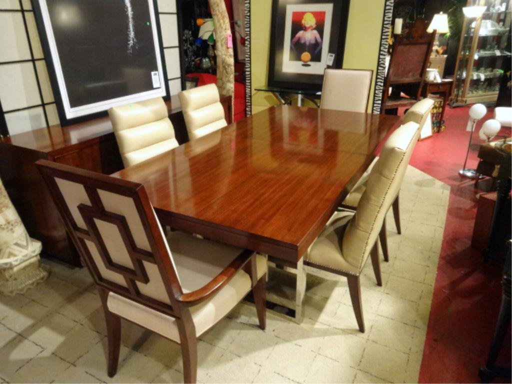 CONTEMPORARY CHROME BASE DINING TABLE, WOOD TOP WITH