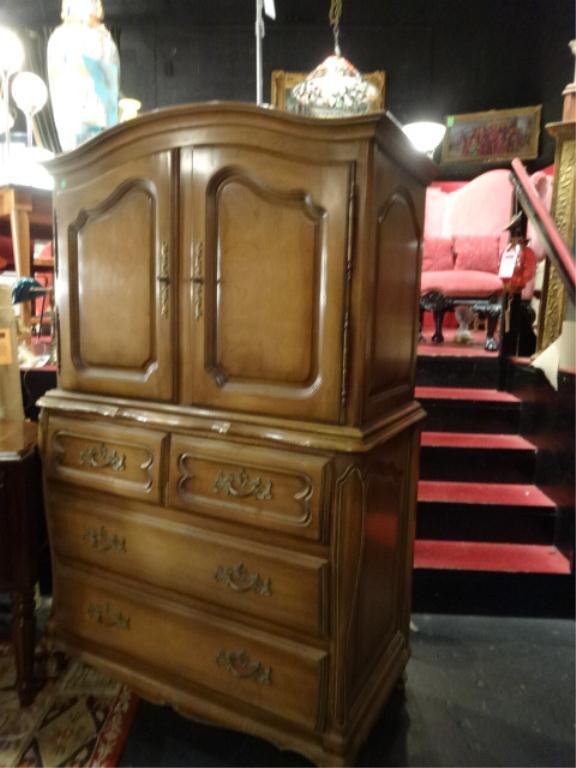 MID CENTURY FRENCH STYLE CHEST, UPPER CABINET WITH 3: MID CENTURY FRENCH STYLE CHEST, UPPER CABINET WITH 3 INTERIOR DRAWERS, 4 LOWER DRAWERS, APPROX 5'H X 3.5'W, SKU554.06