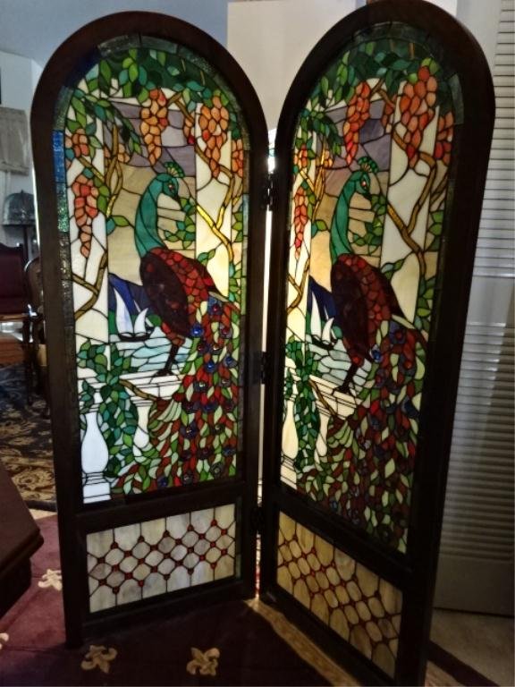 2 PANEL TIFFANY STYLE LEADED GLASS FLOOR SCREEN,: 2 PANEL TIFFANY STYLE LEADED GLASS FLOOR SCREEN, PEACOCK DESIGN WITH FLOWERING TREES, DOME TOPS, DARK FINISH WOOD FRAME, APPROX 63" X 45", SKU575.17