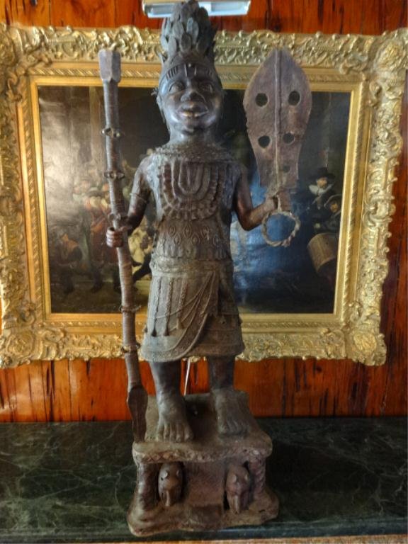 HUGE ANTIQUE AFRICAN BRONZE SCULPTURE, WARRIOR WITH: HUGE ANTIQUE AFRICAN BRONZE SCULPTURE, WARRIOR WITH SHIELD, ON RECTANGULAR BASE, APPROX 65"H, SKU581.13
