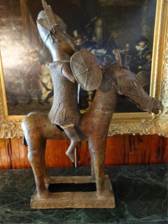 LARGE ANTIQUE AFRICAN BRONZE SCULPTURE, HORSE & RIDER,: LARGE ANTIQUE AFRICAN BRONZE SCULPTURE, HORSE & RIDER, APPROX 4'H, SKU581.59
