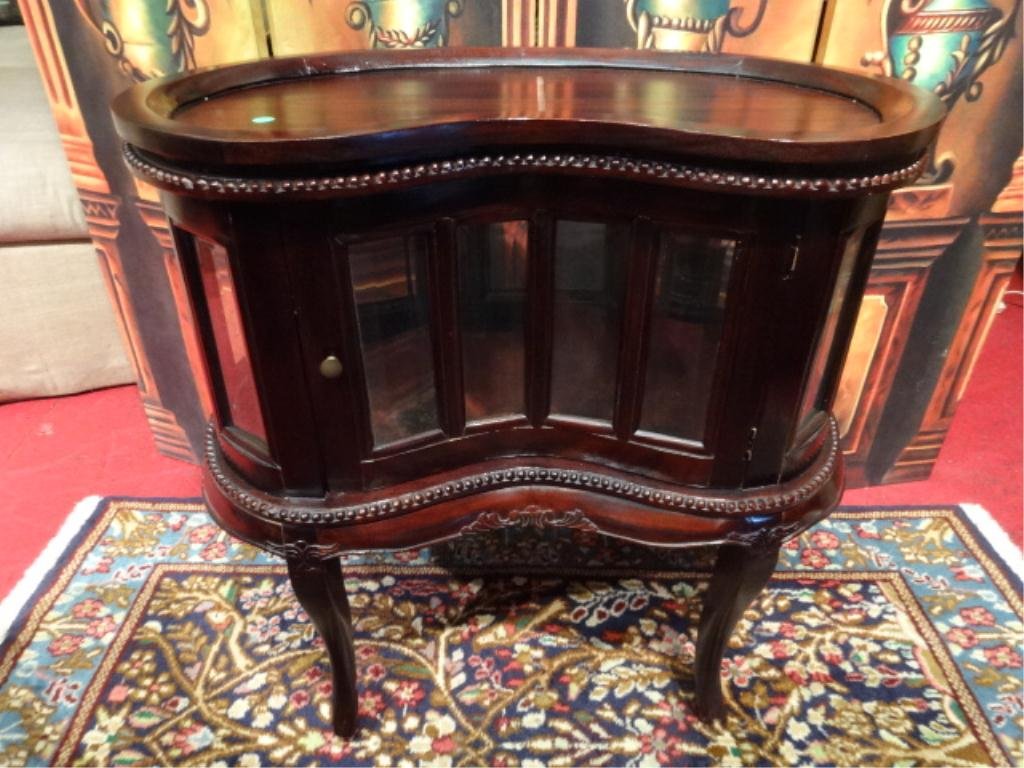 KIDNEY SHAPE BAR TABLE, REMOVABLE TRAY TOP, GLASS DOOR,