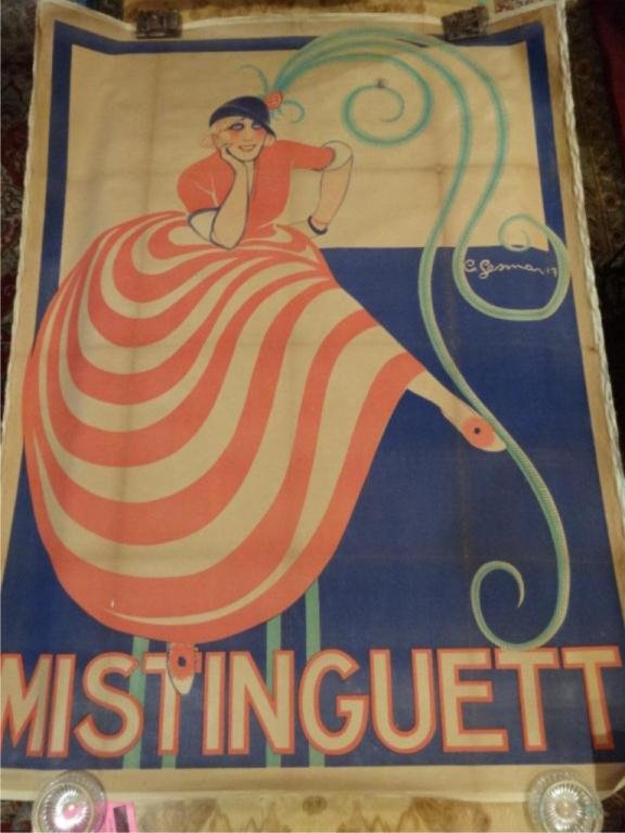 LARGE MISTINGUETT CIRCA 1917 FRENCH CABARET POSTER BY: LARGE MISTINGUETT CIRCA 1917 FRENCH CABARET POSTER BY CHARLES GESMAR, GOOD TO FAIR CONDITION WITH SOME CREASES, FADING AND WEAR AS SEEN IN PHOTOS, MOUNTED ON CLOTH, IMAGE SIZE APPROX 63" X 47", CLOTH