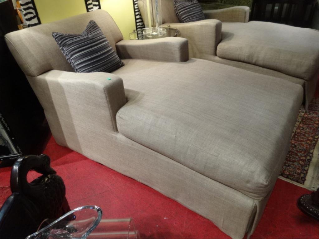DCOTA DONGHIA STYLE CHAISE, LINEN UPHOLSTERY, DOWN: DCOTA DONGHIA STYLE CHAISE, LINEN UPHOLSTERY, DOWN FILLED CUSHIONS, #1 OF TWO AVAILABLE (EACH SOLD SEPARATELY)