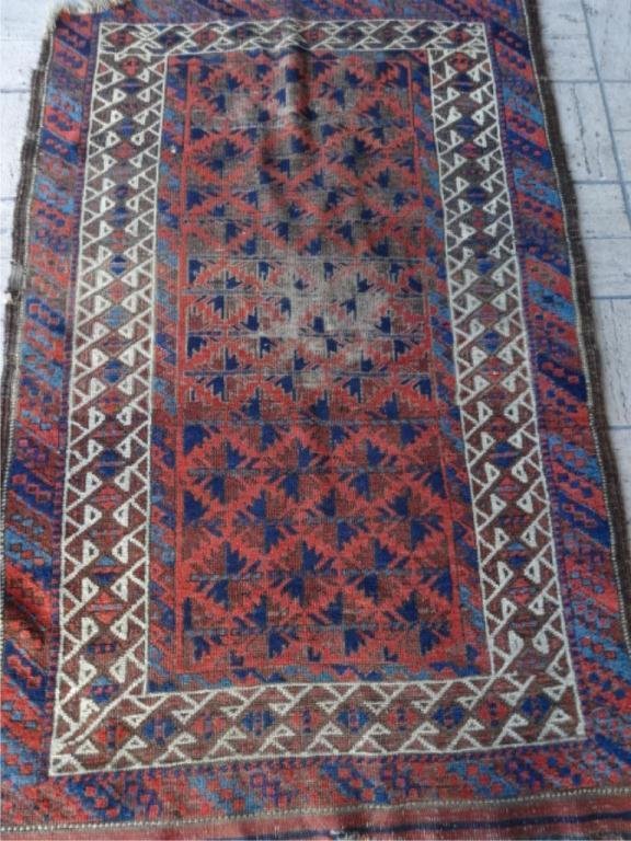 ANTIQUE MIDDLE EASTERN WOVEN RUG, RED, BLUE, AND GOLD,: ANTIQUE MIDDLE EASTERN WOVEN RUG, RED, BLUE, AND GOLD, WORN IN A COUPLE OF PLACES AS SEEN IN PHOTOS, 36" X 24", SKU9000