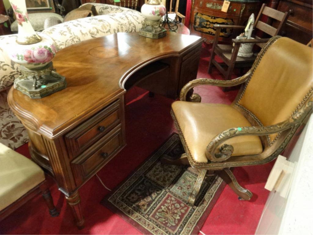 FRENCH STYLE SEMI-CIRCULAR DESK, SLIDE OUT TRAYS,: FRENCH STYLE SEMI-CIRCULAR DESK, SLIDE OUT TRAYS, MEDIUM FINISH, INLAID MEDALLION, APPROX 60"W X 30"H X 25"D, SKU499.36