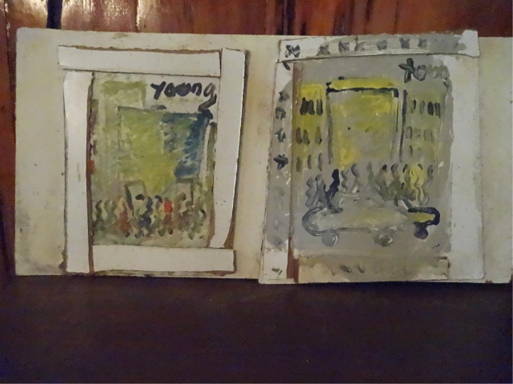 2 PURVIS YOUNG PAINTINGS ON BOARD, ABSTRACT CITYSCAPES,: 2 PURVIS YOUNG PAINTINGS ON BOARD, ABSTRACT CITYSCAPES, MOUNTED TOGETHER ON SINGLE BOARD, EACH SIGNED YOUNG UPPER RIGHT, APPROX 36" X 18", SKU581.118