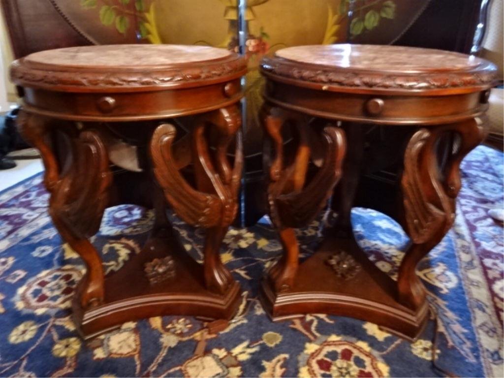 PAIR CARVED WOOD TABLES, SWAN DESIGN WITH 3 CARVED: PAIR CARVED WOOD TABLES, SWAN DESIGN WITH 3 CARVED SWANS WITH UPSWEPT WINGS SUPPORTING ROUND PINK MARBLE TOPS, WALNUT FINISH, APPROX 20" DIAMETER, SKU575.27