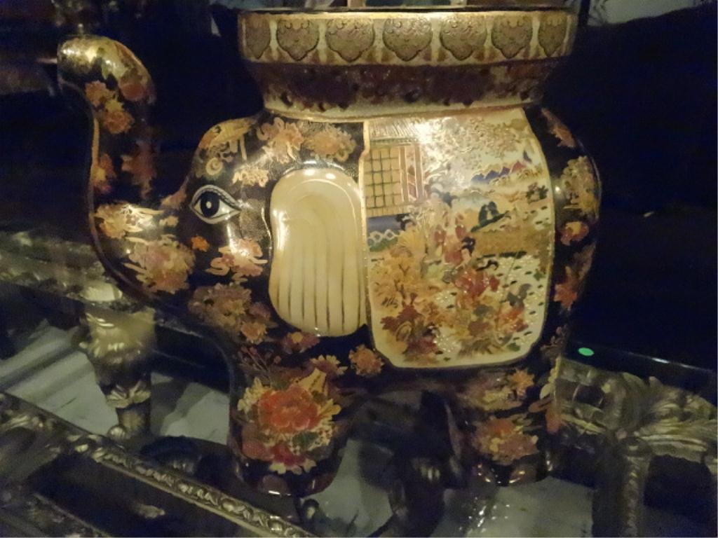 CHINESE ELEPHANT GARDEN STOOL, PAINTED FIGURAL AND: CHINESE ELEPHANT GARDEN STOOL, PAINTED FIGURAL AND FOLIATE DESIGNS, APPROX 22" W