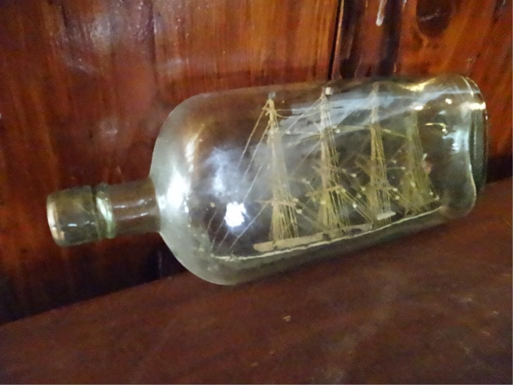 VINTAGE CARVED WOOD SHIP IN BOTTLE, APPROX 11"W,: VINTAGE CARVED WOOD SHIP IN BOTTLE, APPROX 11"W, SKU581.131