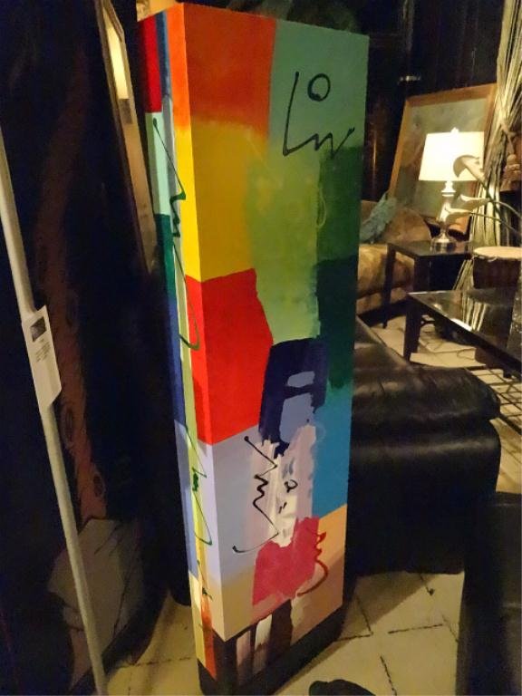 TIM BARRETO SIGNED ORIGINAL PAINTED SCULPTURE,: TIM BARRETO SIGNED ORIGINAL PAINTED SCULPTURE, RECTANGULAR CONSTRUCTION, SIGNED AT BASE, APPROX 5'H