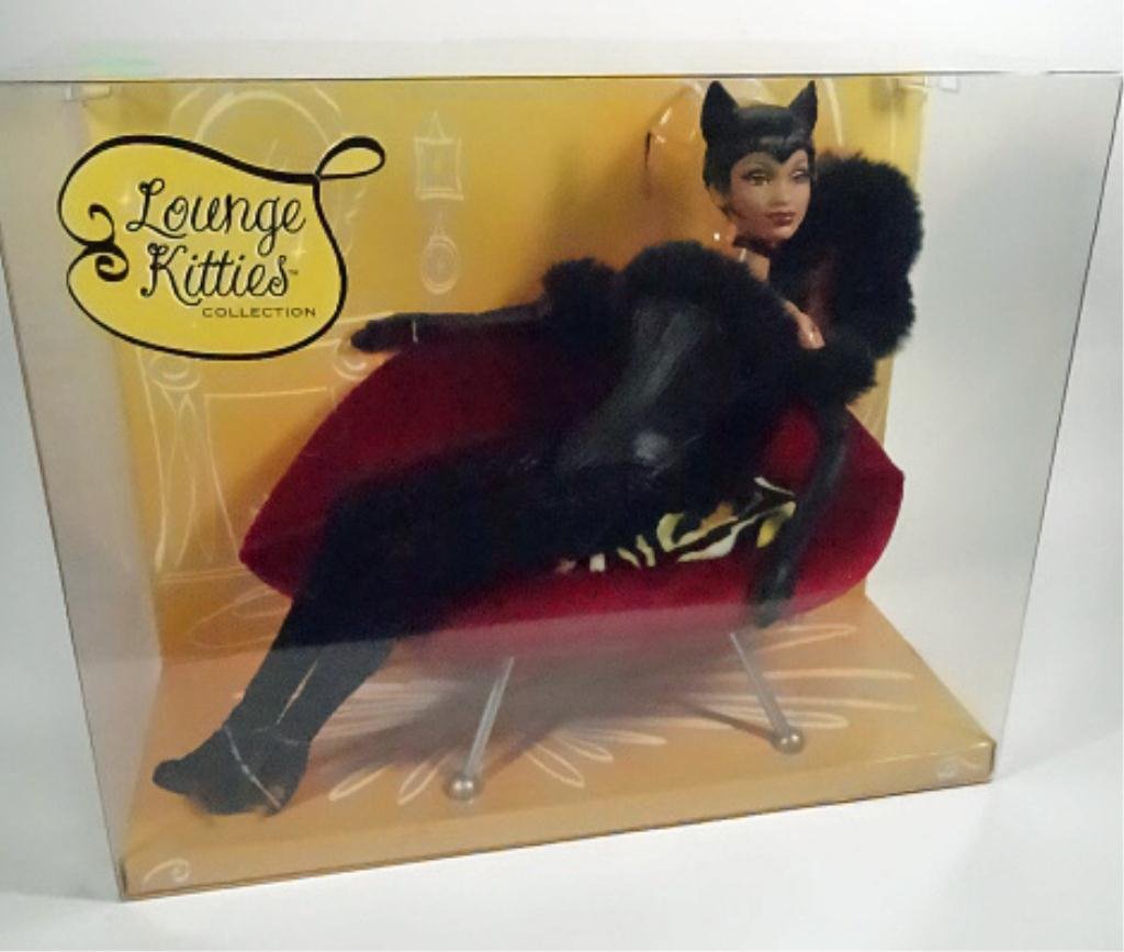BARBIE COLLECTOR DOLL, LOUNGE KITTIES BLACK PANTHER: BARBIE COLLECTOR DOLL, LOUNGE KITTIES BLACK PANTHER COSTUMED DOLL ON RED LIPS CHAISE, IN ORIGINAL BOX, SKU597.15