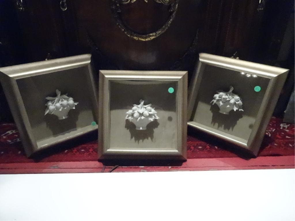 3 PC SET FRAMED CAPODIMONTE PORCELAIN BASKETS, WITH N: 3 PC SET FRAMED CAPODIMONTE PORCELAIN BASKETS, WITH N AND CROWN MARK, MADE IN ITALY, APPROX 13"W