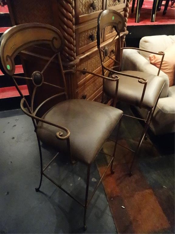 PAIR METAL AND LEATHER BARSTOOLS WITH CURVED WOOD BACKS: PAIR METAL AND LEATHER BARSTOOLS WITH CURVED WOOD BACKS